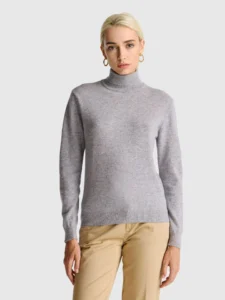 Grau melierter Rollkragenpullover aus reiner Merinowolle