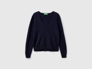 Dunkelblauer Pullover mit V-Ausschnitt aus reiner Merinowolle