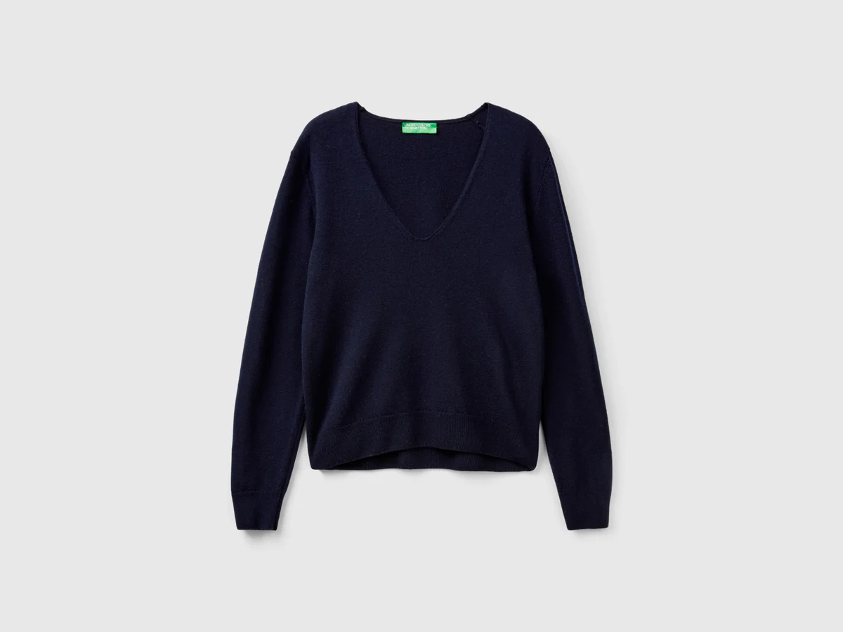 Dunkelblauer Pullover mit V-Ausschnitt aus reiner Merinowolle