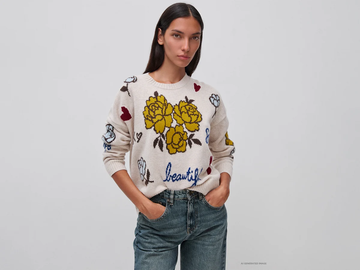 Pullover aus 100 _ Wolle mit floralem Einsatz
