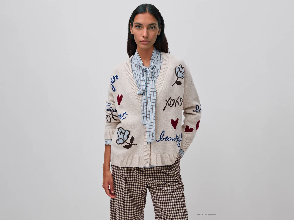 Strickjacke aus 100 _ Wolle mit floralem Einsatz